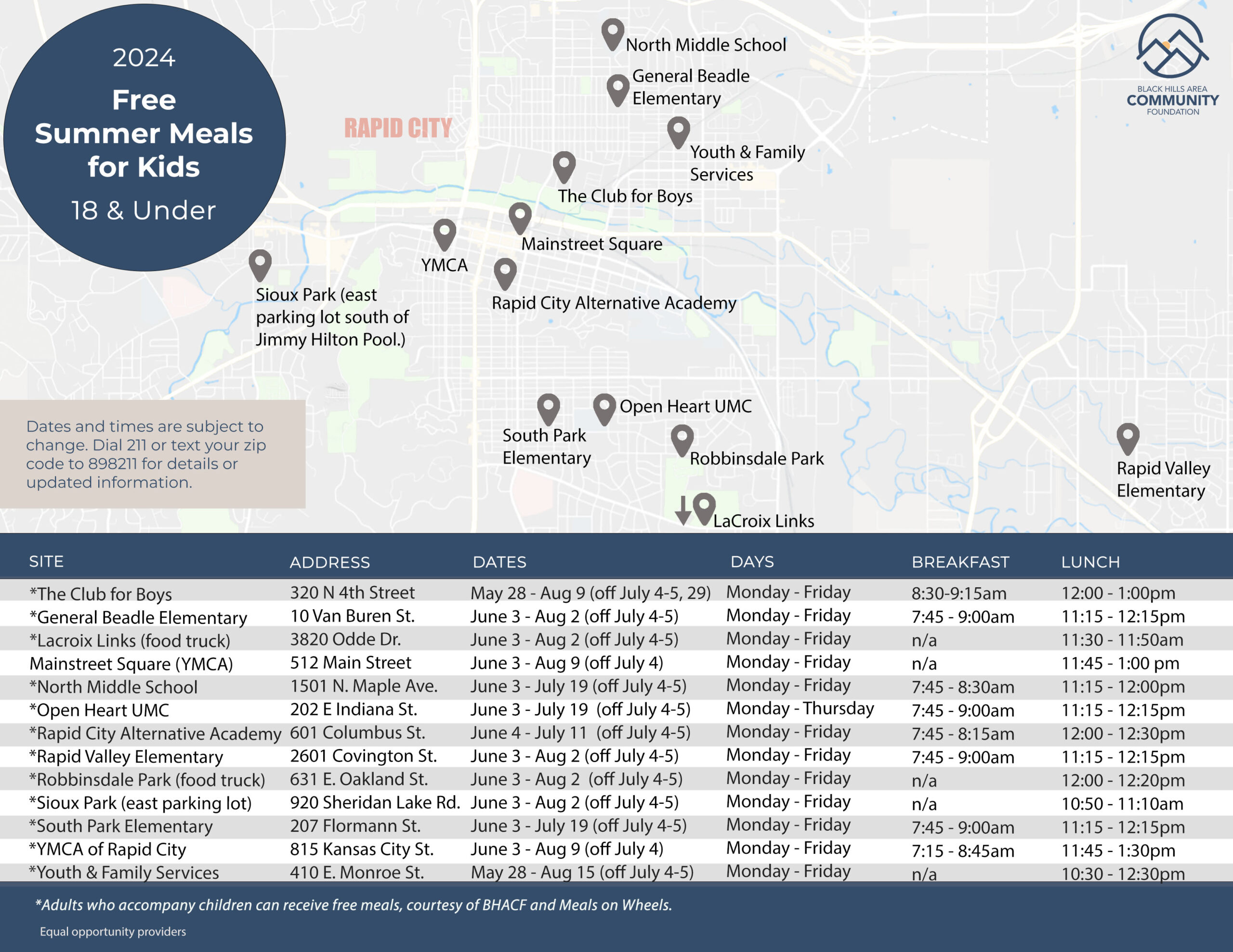 A list displays dates, times, and locations where children and their guardians can receive a free meal in Rapid City during the summer of 2024. Call 211 for the most updated information.