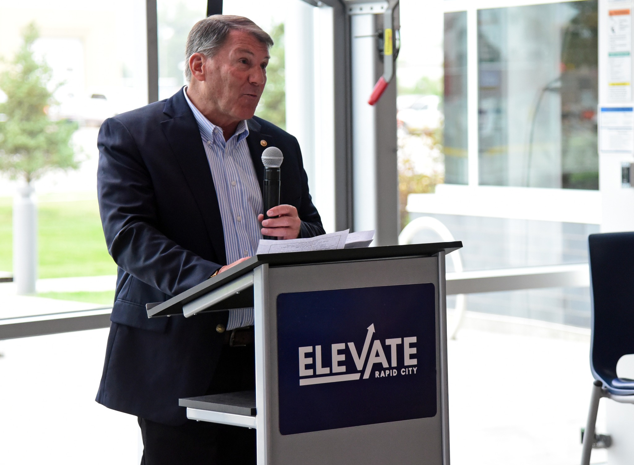 United States Senator Mike Rounds addresses a crowd at Elevate Rapid City in a joint announcement with Ellsworth Development Authority and the Black Hills Area Community Foundation.